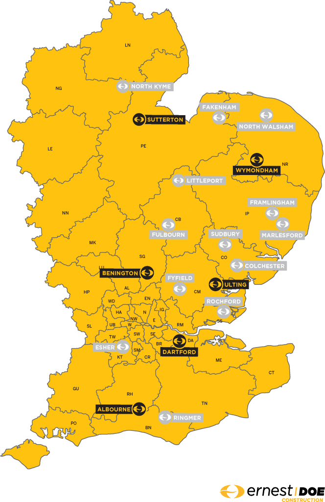 A map showing Ernest Doe's CASE Construction Equipment Trading Area